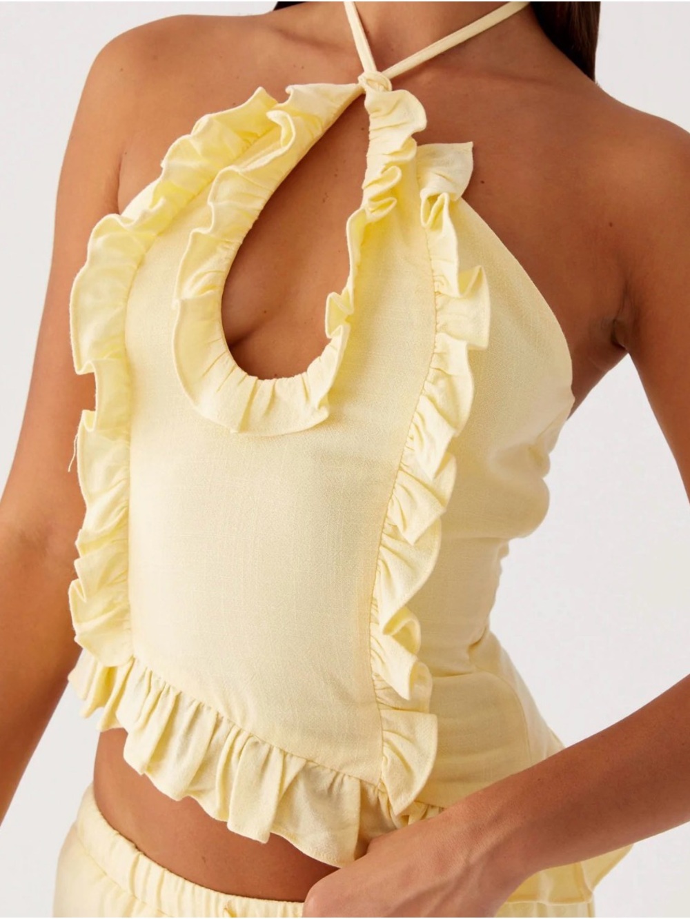 Peppermayo Pale Yellow Ruffle Halter Crop Top